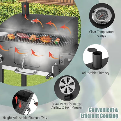 Giantex 24-Inch Charcoal Grill - 2 Foldable Side Tables, Bottom Storage Shelf, 8 Hooks, Adjustable Charcoal Tray, Pull-out Ash Tray, Outdoor BBQ Grill for Family Gatherings Backyard Party Camping