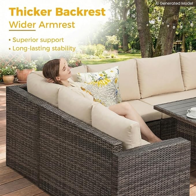 Wisteria Lane 7 Piece Patio Furniture Set, Patio Sectional for All Weather | Wide Armrest Outdoor Furniture Dining Set, Wicker Patio Sofa, Patio Conversation Sets with Ottoman for Porch, Light Brown