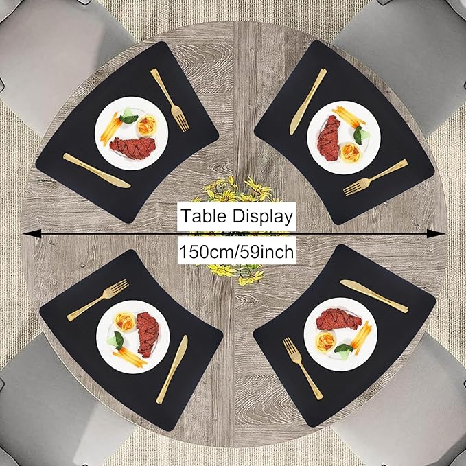 Round Table Placemats Set of 4, Faux Leather Wedge Shape Place Mats Heat Resistant Wipeable Washable Table Mats, Heavy Duty Kitchen Dining Mats(Black)