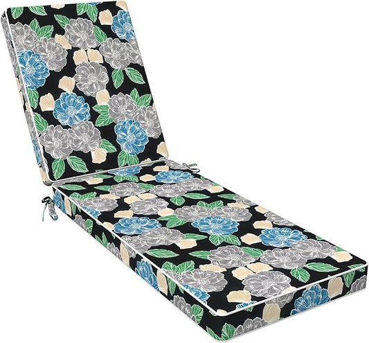 LVTXIII Outdoor Chaise Lounge Cushion 72x21x3 Inch, Water-Repellent Patio Seat Cushion with Ties & Hidden Zipper, Thick Foam Pad for Lawn Chair, Poolside, Patio Furniture, Sketch Peony