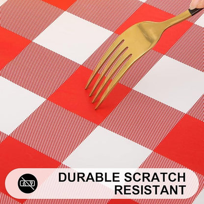 Smiry Rectangle Picnic Table Cloth, Elastic Waterproof Fitted Vinyl Tablecloths, Flannel Backed Buffalo Plaid Table Covers for Dining, Camping, Outdoor (White and Red, 30" x 96")