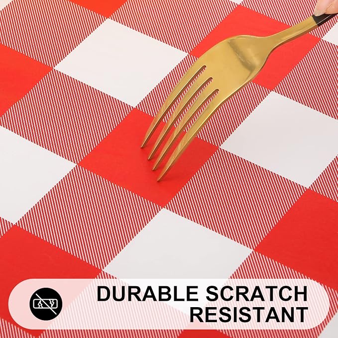 Smiry Rectangle Picnic Table Cloth, Elastic Waterproof Fitted Vinyl Tablecloths, Flannel Backed Buffalo Plaid Table Covers for Dining, Camping, Outdoor (White and Red, 30" x 48")