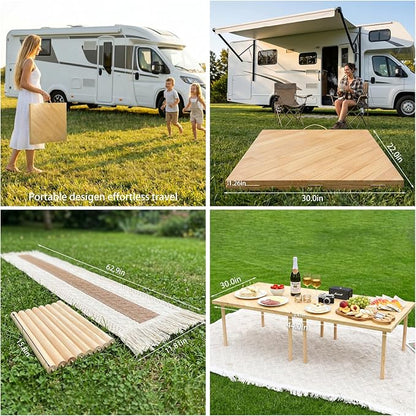 44"x30" Portable Boho Wooden Low Folding Picnic Table for Indoor Outdoor | Comes with Table Runner, Stable 8-leg Support & Thickened Structure, Thick Painted Tabletop Easy to Wipe, Fits 2-4 People