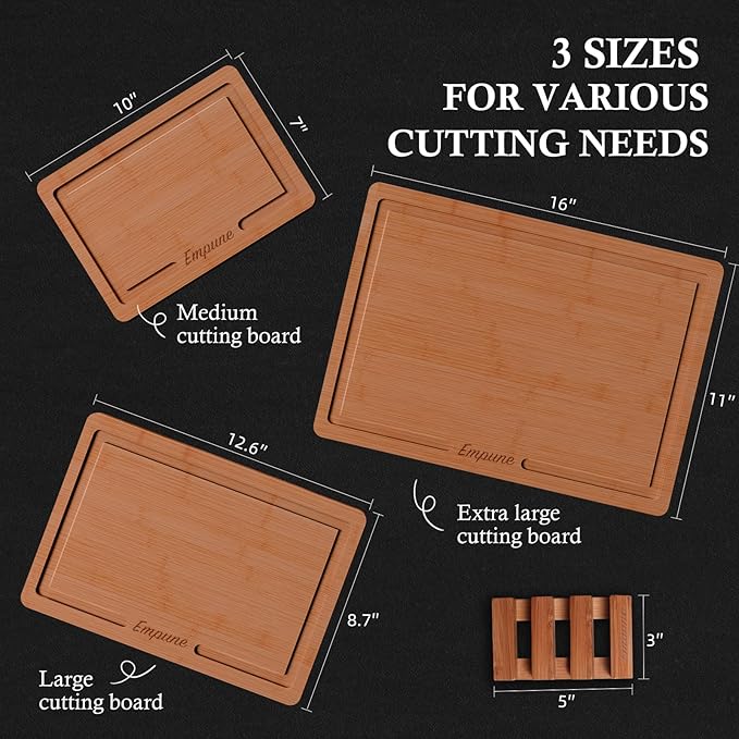 Empune Bamboo Cutting Boards for Kitchen, 3 Piece Extra Thick Cutting Board Set with Juice Groove, Deep Carbonized Bamboo Chopping Board, Reversible Wood Cutting Board for charcuterie boards, Brown