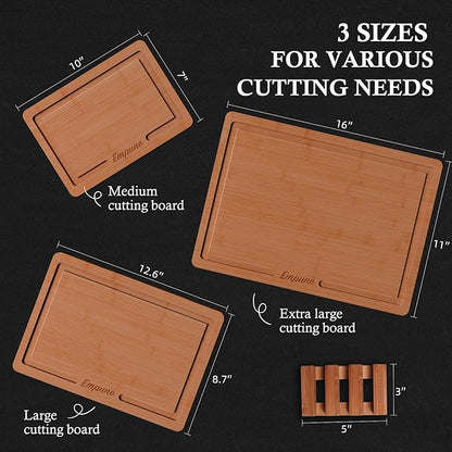 Empune Bamboo Cutting Boards for Kitchen, 3 Piece Extra Thick Cutting Board Set with Juice Groove, Deep Carbonized Bamboo Chopping Board, Reversible Wood Cutting Board for charcuterie boards, Brown