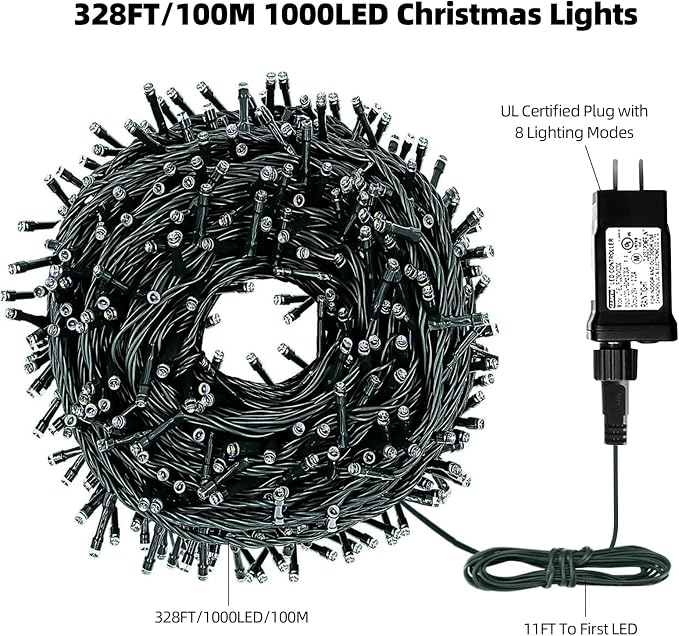 MZD8391 328FT 1000 LED Christmas Light Outdoor Indoor, Christmas Tree Light | Warm White, 100% UL Listed, Waterproof, 8 Light Modes, Timer & Memory, Christmas String Light Decoration, Fairy Tree Light