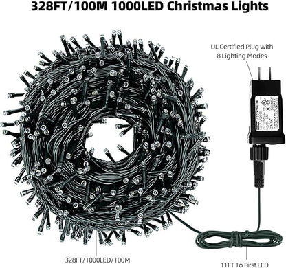 MZD8391 328FT 1000 LED Christmas Light Outdoor Indoor, Christmas Tree Light | Multicolor, 100% UL Listed, Waterproof, 8 Light Modes, Timer & Memory, Christmas String Light Decoration, Fairy Tree Light