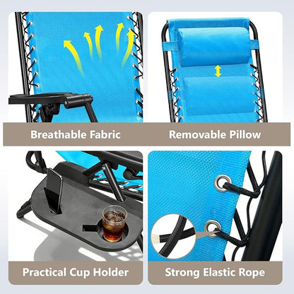 Zero Gravity Chairs Set of 2 with 9FT Patio Umbrella, Adjustable Folding Outdoor Recliner with Pillow & Cup Holder, Waterproof UV Protection Market Umbrella for Pool, Beach, Patio, Camping
