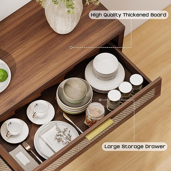 Rattan Buffet Cabinet with Storage, Sideboard Cabinet with Doors and Shelves, Accent Coffee Bar with Drawers, Farmhouse Kitchen Storage Cabinets, credenza for Entryway, Living Room Walnut