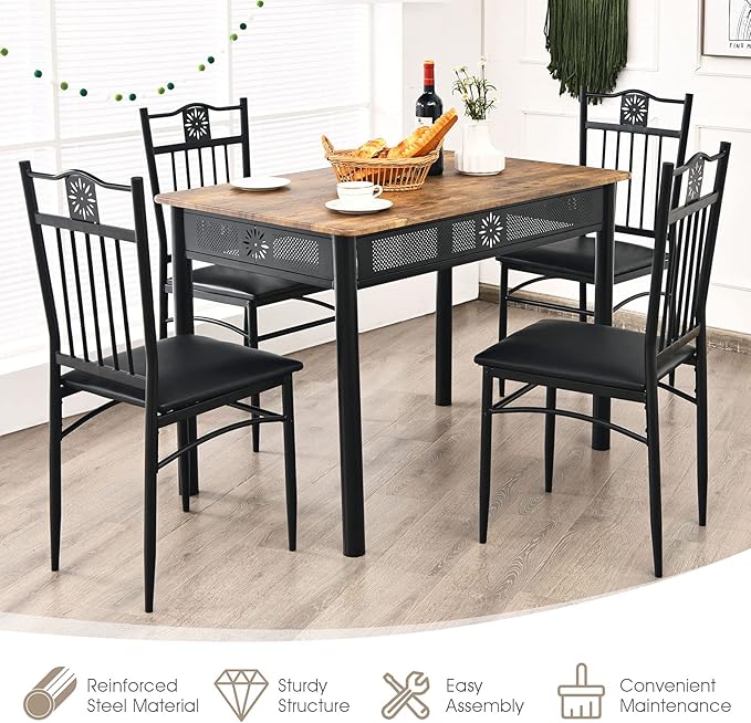 Tangkula 5 Pieces Dining Table and Chairs Set, Vintage Retro Wood Top Metal Frame Padded Seat Dining Table Set Home Kitchen Dining Room Furniture