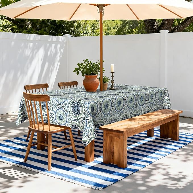 LVTXIII Rectangle Outdoor Tablecloth with Umbrella Hole and Zipper, Water-Repellent 60 x 84 Inch Patio Table Cover for Picnic, Garden, Backyard Dining, Coastal Medallion