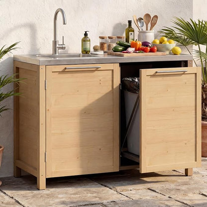 MOUMON Patio Kitchen Sink Cabinet with Stainless Steel Countertop, Solid Cedar Patio Prep Table with Trash Bin Storage, Outdoor Cooking Station, Sink not Included, Oak 51.2”W x 23.6”D x 37.4”H