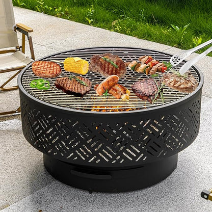 OutVue 32" Wood Burning Fire Pits with Grill & Lid, Fire Pit Table for Outside with Waterproof Cover & Fire Poker, Outdoor Firepit with Functions for BBQ,Table and Bonfire