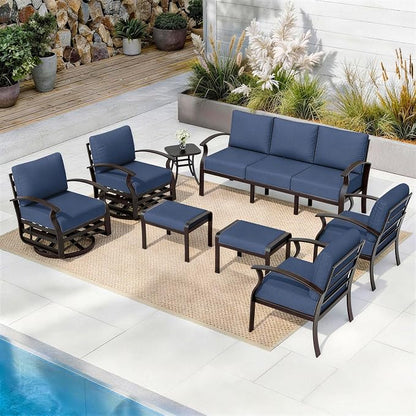 ALAULM Aluminum Patio Furniture Set with 2 Swivel Chairs 9-seat Metal Outdoor Furniture Patio Sectional Sofas Patio Conversation Set w/2 Ottomans for Patio, Backyard, Poolside-Dark Blue