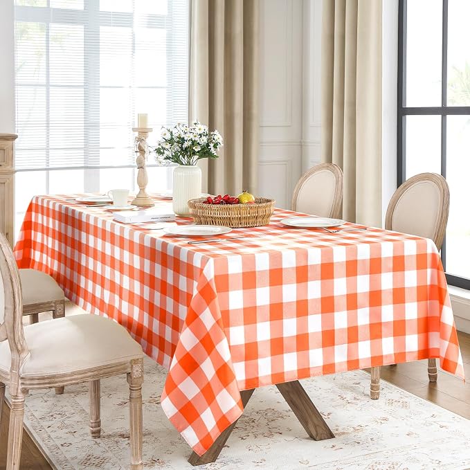 Softalker Gingham Checkered Tablecloth Rectangle - Outdoor Waterproof Buffalo Plaid Table Cloth, Stain Resistant Washable Table Cover for Picnic, Camping, Dining - Orange and White, 60 x 102 Inch