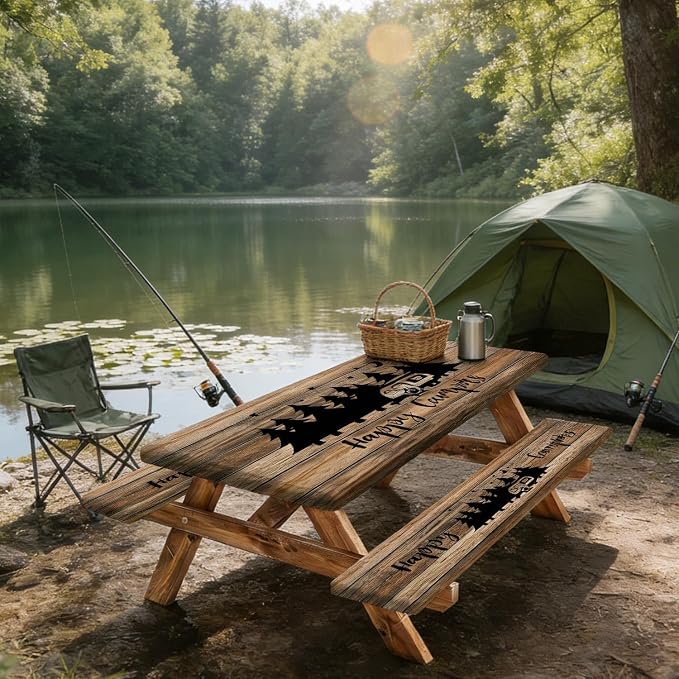JAWO Picnic Table Cover with Bench Covers, Rustic Wooden Camper Fitted Table Cover, Outdoor Patio Camping Essentials, Waterproof Camping Fitted Tablecloth with Drawstring Bag, 30X60inches
