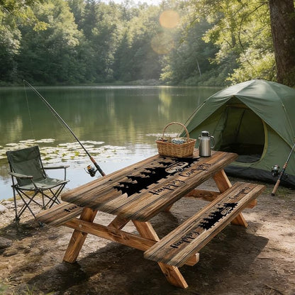 JAWO Picnic Table Cover with Bench Covers, Rustic Wooden Camper Fitted Table Cover, Outdoor Patio Camping Essentials, Waterproof Camping Fitted Tablecloth with Drawstring Bag, 30X72inches