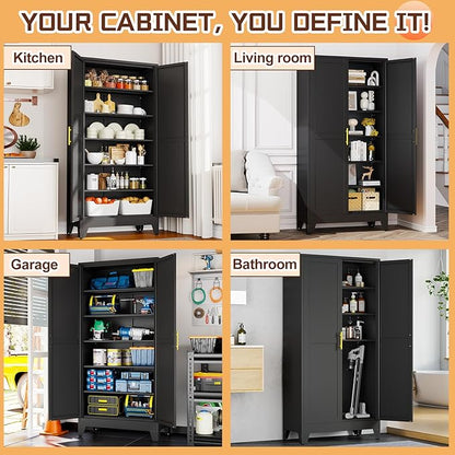 PAOFIN 75" Metal Kitchen Pantry Cabinet,Black Storage Cabinet with Doors and 5 Adjustable Shelves, Cabinet with 2 Metal Handles,Tall Cabinet for Livingroom,Pantry, Bathroom,Kitchen