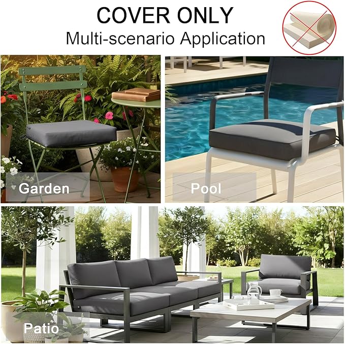 NettyPro Patio Cushion Covers Replacement Set 4 Water Repellent UV Resistant Outdoor Chair Seat Cushion Slipcover with Zipper and Tie, 20 x 18 x 4 Inch, Grey