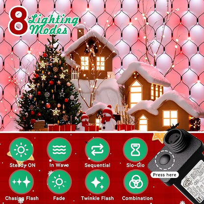LitHome 14.8FT x 5FT Christmas Net Lights Outdoor Waterproof Connectable | 8 Modes 300 LED Red White Bush Lights, Net Mesh Light Dark Green Wire for Bushes Shrubs Outdoor Christmas Holiday Decor