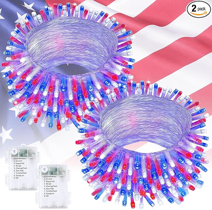 2 Pack Red White and Blue Battery Operated Fairy Lights, 66FT 200LED 4th of July String Lights with Timer, 8 Modes Waterproof Patriotic Twinkle Light Indoor Outdoor for Independence Day Memorial Day