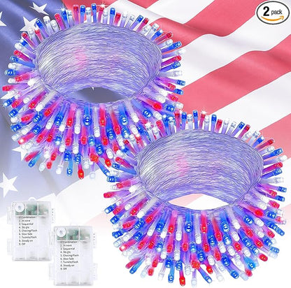 2 Pack Red White and Blue Battery Operated Fairy Lights, 66FT 200LED 4th of July String Lights with Timer, 8 Modes Waterproof Patriotic Twinkle Light Indoor Outdoor for Independence Day Memorial Day