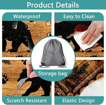 Forest Theme Picnic Table Cover with Bench Covers 6FT, Camping Essentials, Wood Grain Bear Waterproof Windproof Oilproof, Fitted Tablecloth Cover with Elastic Edge for Outdoor Garden 3 PCS 30x72 Inch