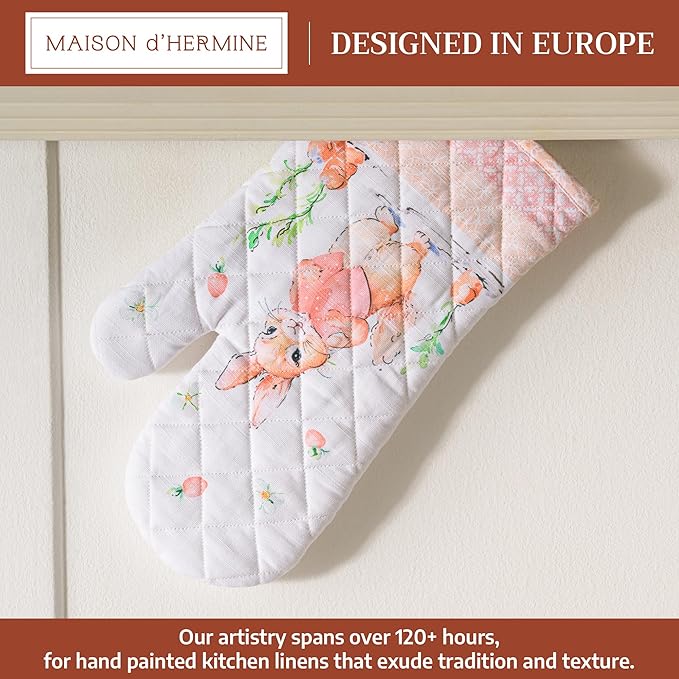 Maison d'Hermine Oven Gloves 100% Cotton Oven Mitt 7" x 13" with Loop Heat Resistant BBQ Cooking Gloves Baking Grilling Kitchen Hotel Home Farmhouse Spring Summer (Pack of 1, Bunny Party)