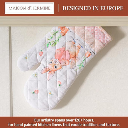 Maison d'Hermine Oven Gloves 100% Cotton Oven Mitt 7" x 13" with Loop Heat Resistant BBQ Cooking Gloves Baking Grilling Kitchen Hotel Home Farmhouse Spring Summer (Pack of 1, Bunny Party)