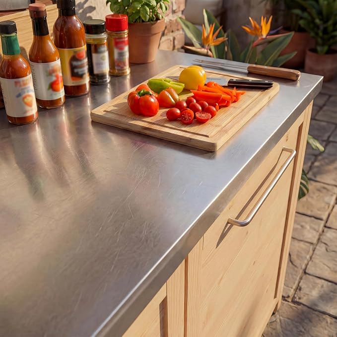 MOUMON Patio Kitchen Sink Cabinet with Stainless Steel Countertop, Solid Cedar Patio Prep Table with Trash Bin Storage, Outdoor Cooking Station, Sink not Included, Oak 51.2”W x 23.6”D x 37.4”H