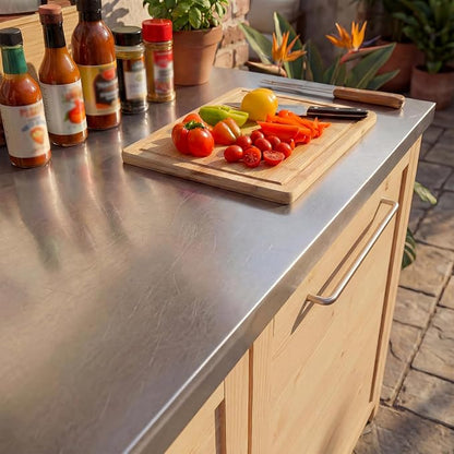 MOUMON Patio Kitchen Sink Cabinet with Stainless Steel Countertop, Solid Cedar Patio Prep Table with Trash Bin Storage, Outdoor Cooking Station, Sink not Included, Oak 51.2”W x 23.6”D x 37.4”H