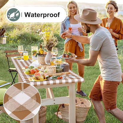 Buffalo Rectangle Picnic Tablecloth, 4 Foot Elastic Fitted Vinyl Table Cloth with Flannel Backing, Waterproof Plaid Table Covers for Dining, Camping, Outdoor (Brown and White, 24" x 48")
