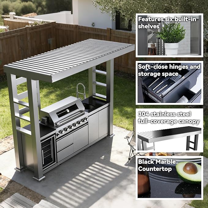 108-inch modular outdoor kitchen bar, 6-burner 85,000 BTU stainless steel outdoor kitchen grill island, refrigerator, grill, granite countertop, storage cabinets (Silver, 108"(Propane Gas))