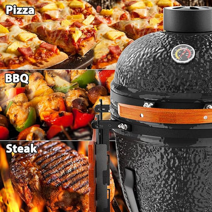 ROOMTEC 18-Inch Kamado Ceramic Charcoal Grill, Portable Grill Charcoal with Cart/Side Shelves/Cover, Tabletop Barbecue Grill for Home Party and Outdoor Backyard Cooking, Black