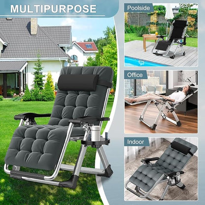 ABORON Zero Gravity Chair, Adjustable Outdoor Recliner with Removable Cushion, Headrest & Side Tray, Folding Lounge Chair for Patio, Lawn, Poolside & Camping