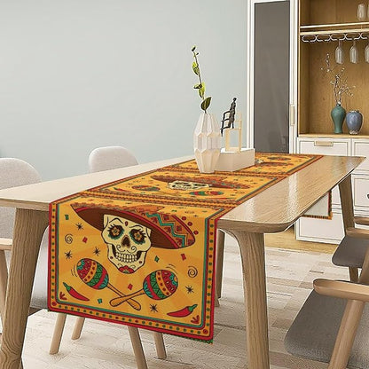 Cotton Linen Table Runner Mexican, Mexican Skull Cartoon Traditional Celebration Latino Rectangle Table Collection for Dinner Wedding Birthday Party 13x36 Inch