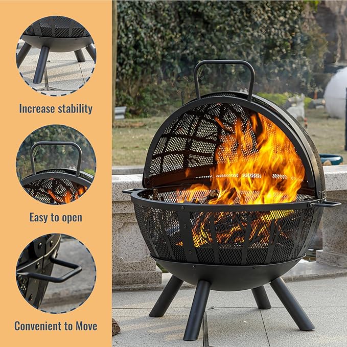 Panovue 35 Inch Wood Burning Fire Pit with BBQ Grill, Heavy Duty Fire Pits Ball for Outside with Spark Screen & Removable Ash Pan, Outdoor firepit & Fireplace for Bonfire in Garden, Yard