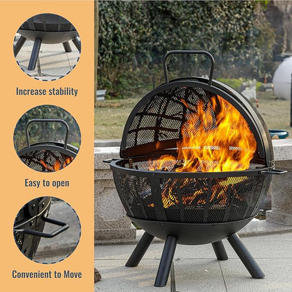 Panovue 35 Inch Wood Burning Fire Pit with BBQ Grill, Heavy Duty Fire Pits Ball for Outside with Spark Screen & Removable Ash Pan, Outdoor firepit & Fireplace for Bonfire in Garden, Yard