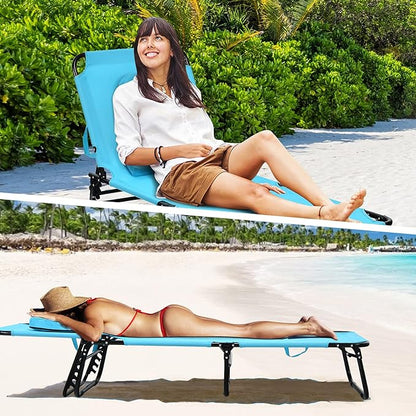 Folding Beach Lounge Chair w/ 5 Adjutable Backrest & Padded Pillow, Sunbathing Lounger Chair, Sun Tanning Lay Flat Chair for Seaside Pool Deck, Max Load 330 LBS, No Assembly Required (Navy)