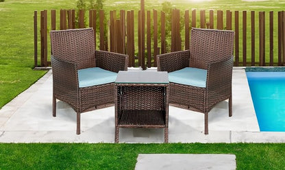 Outdoor Wicker Patio Conversation 3 Piece Bistro Set Garden Yard Porch Furniture Space Saving Rattan Two Chairs Cushions Side Storage Tempered Glass Table Brown 3pc Set