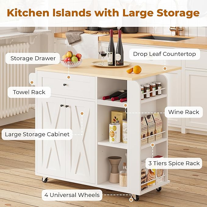 IRONCK Kitchen Island with Drop Leaf and Wine Rack, Rolling Kitchen Island on Wheels with Storage, Kitchen Island Cart with 3 Spice Rack, 3 Open Shelves, and Drawer, White