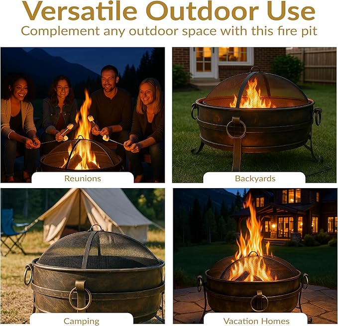 Sunnydaze 34-Inch Steel Large Fire Pit for Outside - Wood-Burning Fire Pit Bowl for Outdoors with Spark Screen, Log Poker, and Grate
