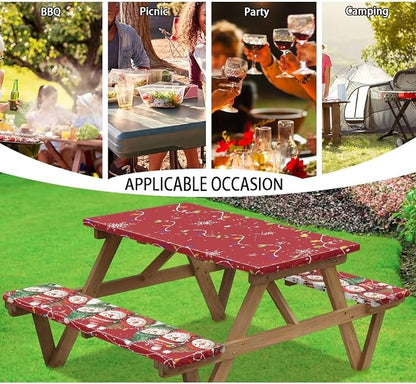 3 PCS Fitted Picnic Table Cover with Bench Cover Fitted Rectangle Tables and Seats Christmas Lights Snowmen Outdoor Picnic Table Cover for Camping