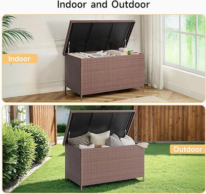 ONBRILL 158 Gallon XL Deck Box with Lid, All Weather Wicker Outdoor Storage Box Waterproof, Large Outdoor Patio Storage Bin for Cushions, Garden Tools, Gears, Brown