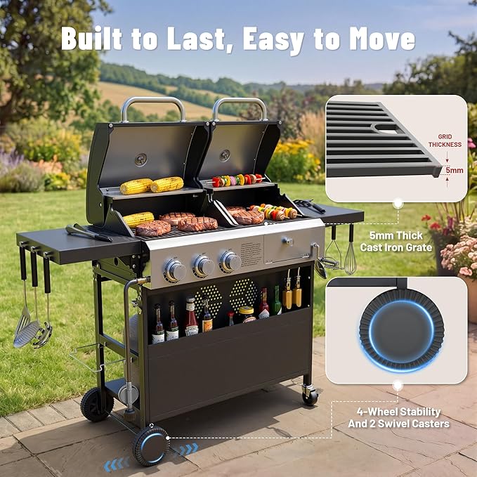 Propane Gas Grill and Charcoal Grill Combo for Outdoor Cooking, 3 Burners, Porcelain-Enameled Cast Iron Grates, Foldable Side Shelves, Dual Fuel BBQ Grill for Patio, Backyard, Camping
