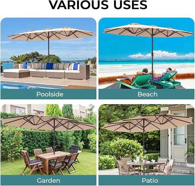 15ft Patio Umbrella with Base, 10-Year-No-Fade Large Outdoor Double-Sided Market Umbrella with UPF50+Terylene Polyester Fabric and Crank for Poolside Garden Deck Backyard Beach Pools