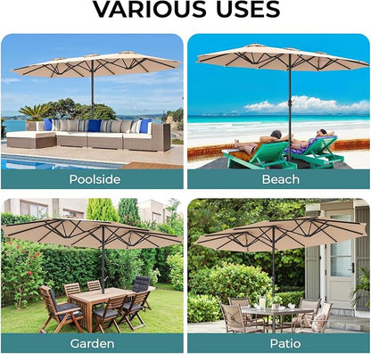 15ft Patio Umbrella with Base, 10-Year-No-Fade Large Outdoor Double-Sided Market Umbrella with UPF50+Terylene Polyester Fabric and Crank for Poolside Garden Deck Backyard Beach Pools