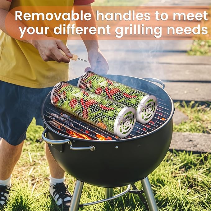 Grill Basket Set 2 Pack, Upgraded Version 304 Stainless Steel with Removable Wooden Handle, Rolling Grilling Net, BBQ Accessories Tools for Vegetables Shrimp, Camping, Gifts for Men Dad Husband