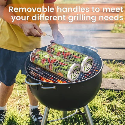 Grill Basket Set 2 Pack, Upgraded Version 304 Stainless Steel with Removable Wooden Handle, Rolling Grilling Net, BBQ Accessories Tools for Vegetables Shrimp, Camping, Gifts for Men Dad Husband