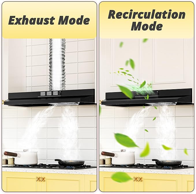 FIREGAS Black Range Hood 36 inch Under Cabinet, Ducted/Ductless Convertible Kitchen Hood, Black Painted Stainless Steel Vent Hood with LED Light,2 Speed Exhaust Fan
